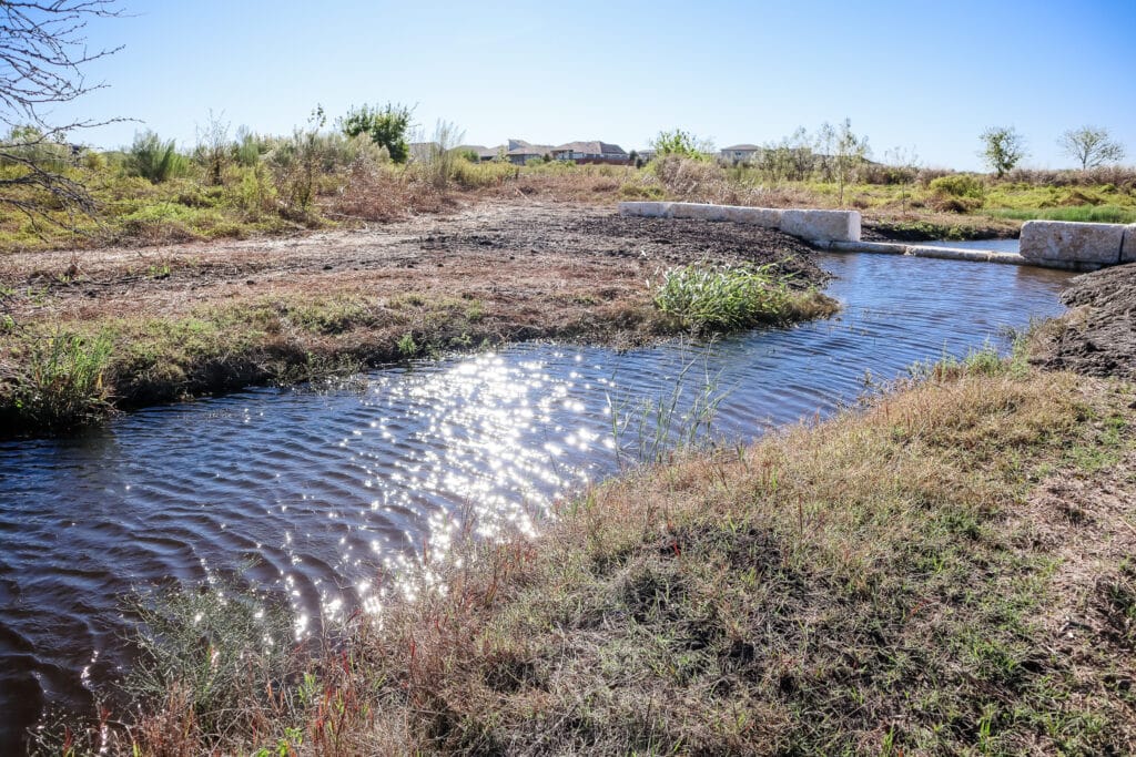 Stabilized channel with re-established habitat and erosion-resistant vegetation after mitigation in Austin, TX.